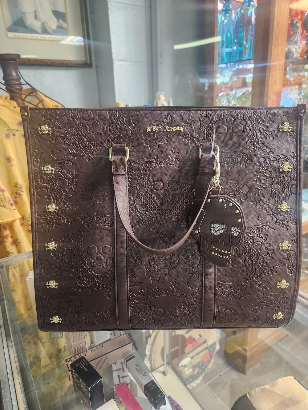 Betsey Johnson Dark Brown Embossed Skull Tote with Studded Skull Charm